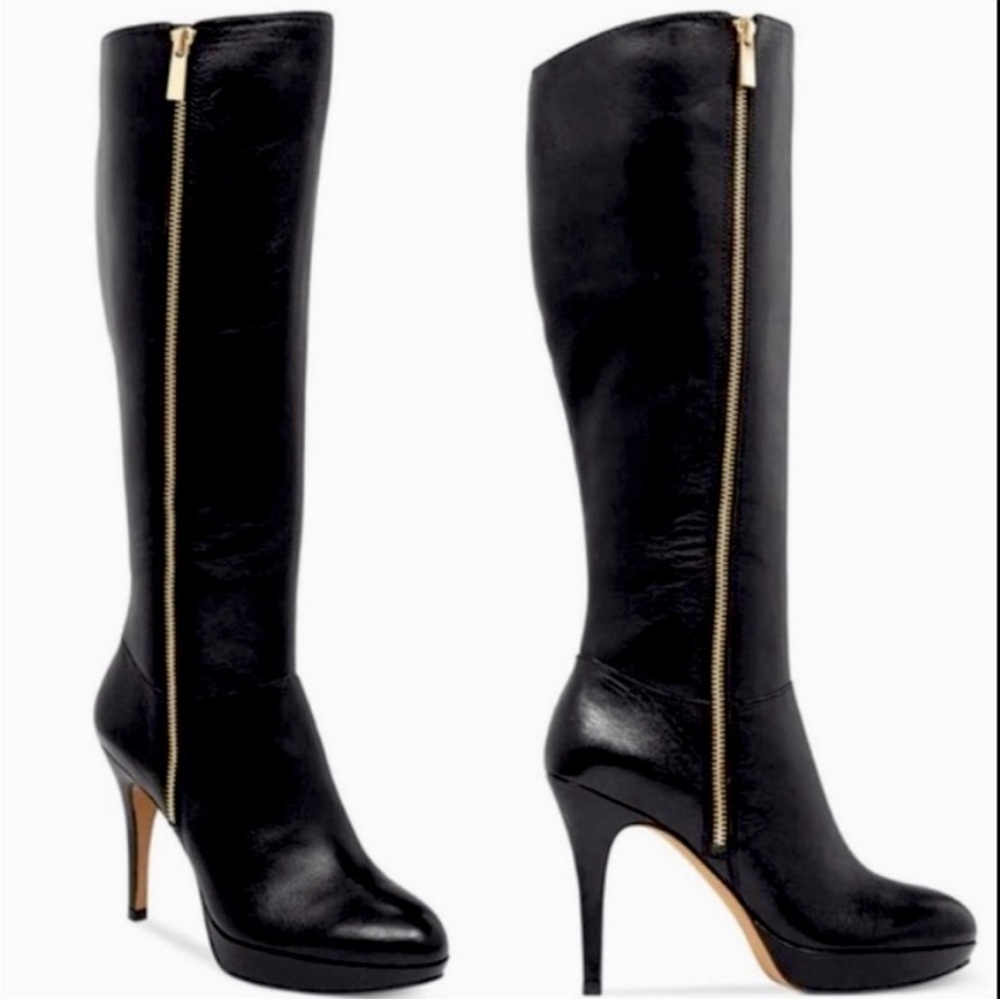 Vince Camuto Black Leather Knee-High Heeled Boots with Gold Zip